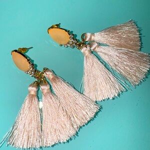 Blush color fringe chandelier earrings with faux gemstones and rhinestones